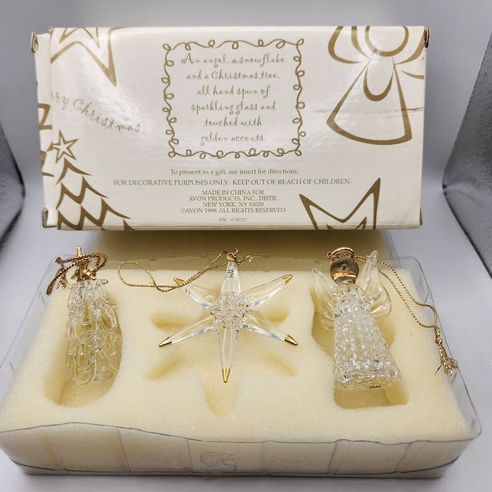 Avon VINTAGE Holiday Glass Spun Ornaments With Gold Accent NIB